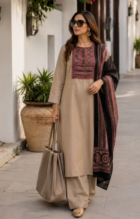 Elegant Beige Suit, Palazzo & Dupatta for Women's