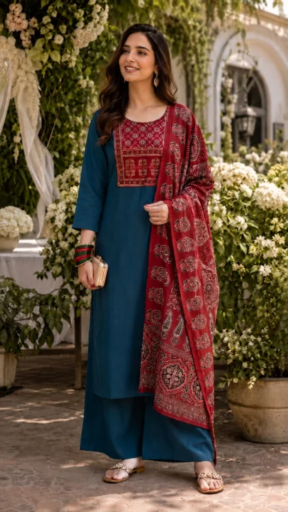 Stylish Blue Suit, Palazzo & Dupatta for Women's