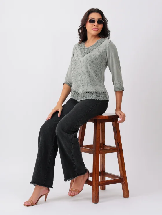 Grey Floral Embroidered Cotton Tunic Top