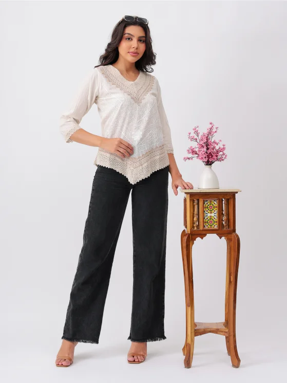 Women's Lace Trim Embroidered OFF White Top