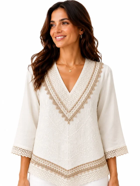 Women Embroidered V-Neck Ethnic Top with Lace Detail