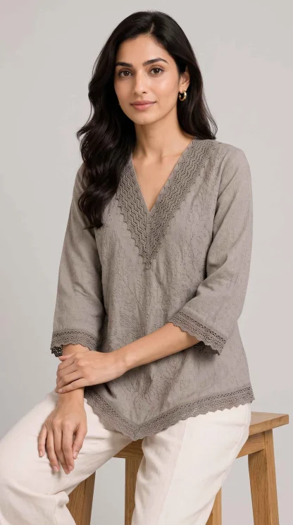 Kimakshi Premium fashion - Grey Floral Embroidered Cotton Tunic Top
