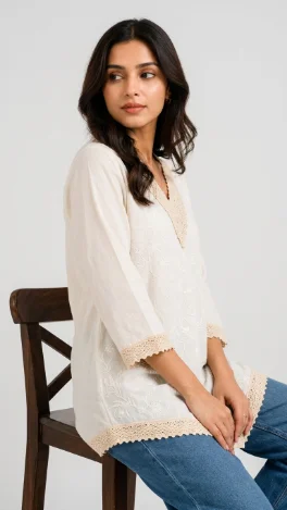 Kimakshi Premium fashion - Women's Lace Trim Embroidered OFF White Top