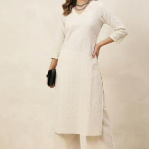 Women's Embroidered Straight Kurta, Off-White, V-Neck, 3/4 Sleeves, Ethnic Wear