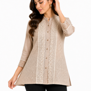 Kimakshi Women's Burgundy Embroidered Tunic Shirt with Lace Cuffs, 3/4 Sleeves, Button-Front, Mandarin Collar